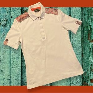 Golfino Short-Sleeve Unisex Polo; White with Rust & Purple Accents